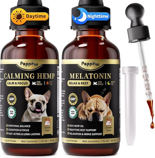 Dog Calming & Melatonin Drops, Day & Night Calm Support Set, Soothe Separation & Stress, Enhance Calmness & Sleep with Valerian Root, Ashwagandha, GABA, Melatonin, Chicken Flavor, 2 FL.Oz