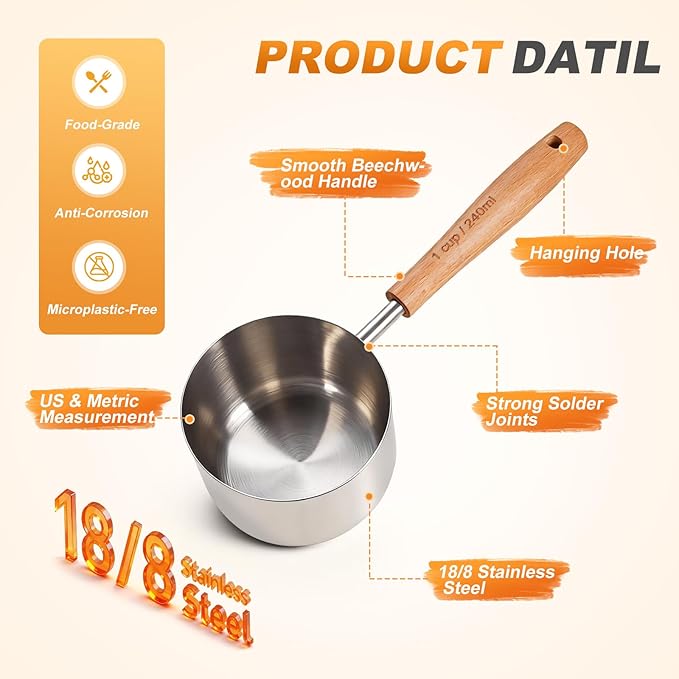 TREMENDRY 2PCS 2Cup(480ml | 16oz) Dog Cat Food Scoop, 18/8(304) Stainless Steel Measuring Cup with Wooden Handle, Etched Measurements Inside, BPA Free Portion Control for Pets & Kitchen Use