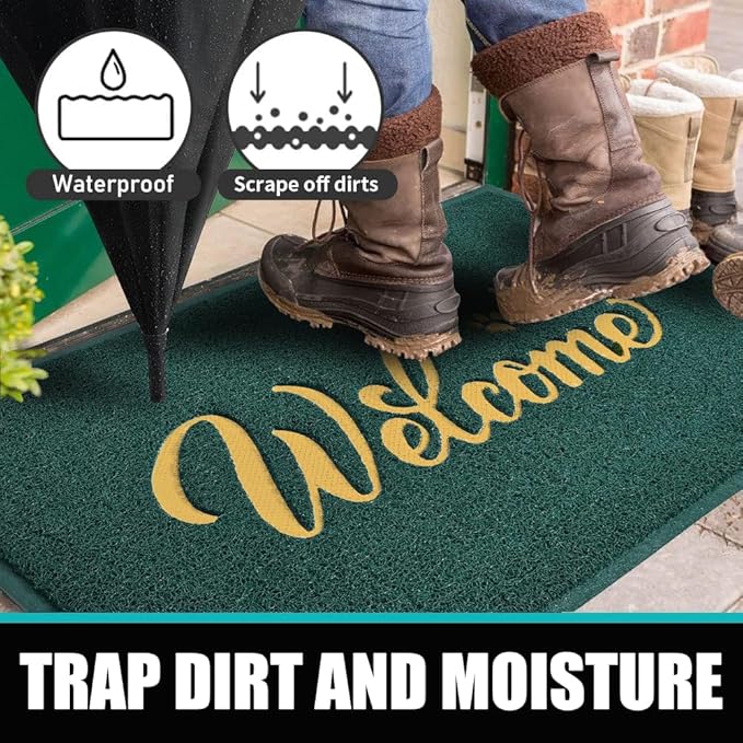 T.HENV Christmas Door Mat Outdoor, 30x17.5 Waterproof All-Season Front Door Mat Outside Entrance, All-Weather Quick Drying, Low Profile Doormat Indoor, Patio Porch Entryway Mats, Green-Gold