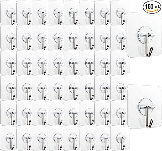 150 Pack Adhesive Hooks Wall Hooks 24lb(Max) Self Adhesive Hooks Heavy Duty,Transparent Reusable Adhesive Wall Hooks for Hanging for Kitchens, Bathroom, Office