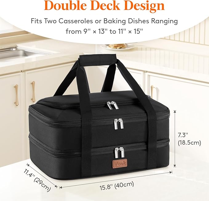 Lifewit Double Decker Casserole Carrier for Hot and Cold Food, Insulated Casserole Dish Carrier Carrying Case with Tool Room, Thermal Bag for Potluck Parties Cookouts Fits 9"×13" Baking Dish, Black