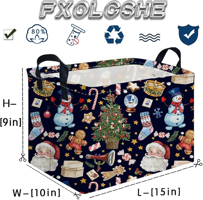 FXOCSHE Rectangle Christmas Basket,Nursery Hamper,Waterproof Laundry Hamper,Collapsible Canvas Laundry Basket,Toy Organizer,Christmas room decor,Gift Basket(Santa Claus)