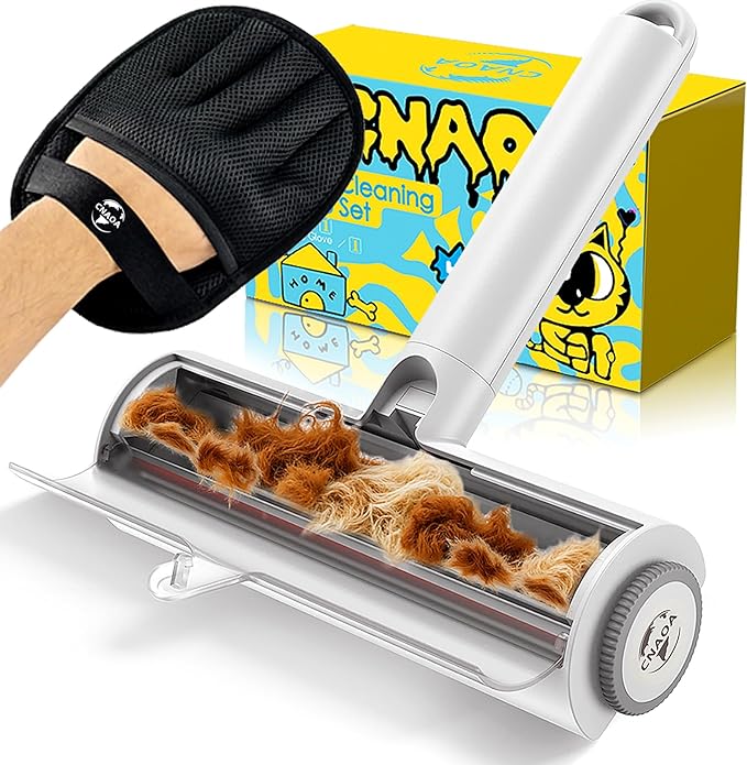 Upgraded Pet Hair Removal Set, Reusable Lint Roller & Electrostatic Grooming Gloves, Pet Hair Removal Tool for Cats & Dogs, Fur Remover for Couch, Carpet, Furniture, Clothes, and Car Seats-White