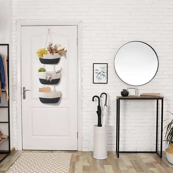 3 Tier Wall Mounted Woven Hanging Basket, Over the Door Hanging Basket with Hooks, Decorative Storage Hanging Closet Removable, Large Wall Basket for Living Room, Bedroom, Kitchen (White)