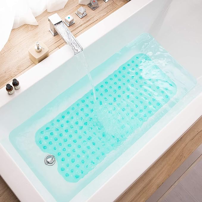 Bathtub Mats for Shower Tub, Extra Long Non-Slip 39 x 16 Inch Bath Mat with Drain Holes and Suction Cups, BathMat for Bathroom with Machine Washable (Clear Turquoise)