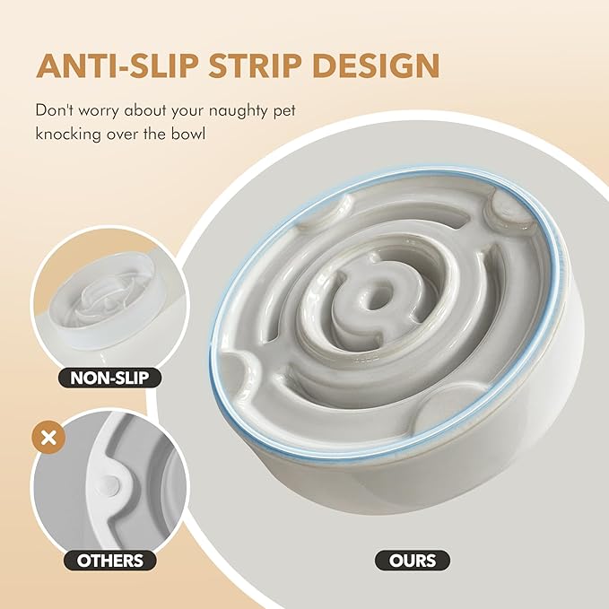 Ceramic 0.9 Cup Dog Bowl Slow Feeder for Small Dog and Cat, 6.1inch Pet Slow Dish, Stop Bloat, Preventing Choking(Single Bowl, Reactived Glaze -White)