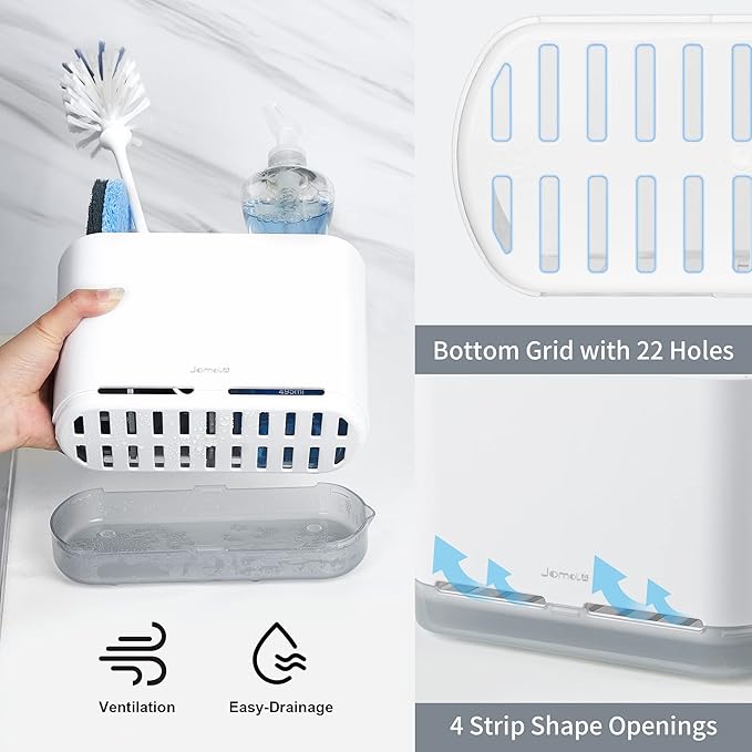 JOMOLA Dish Brush Caddy for Kitchen Sink Toothbrush Holders for Bathrooms Sink Sponge Holder Kitchen Counter Scrub Soap Brush Organizer Sinkware Caddy with Drain Tray Dividers (Gray)