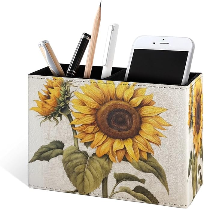 Famame Vintage Sunflowers Pencil Holder for Desk, Leather Desktop Container Pen Cup Storage Study Table Pen Organizer Makeup Brush Holder for Classroom Office Home