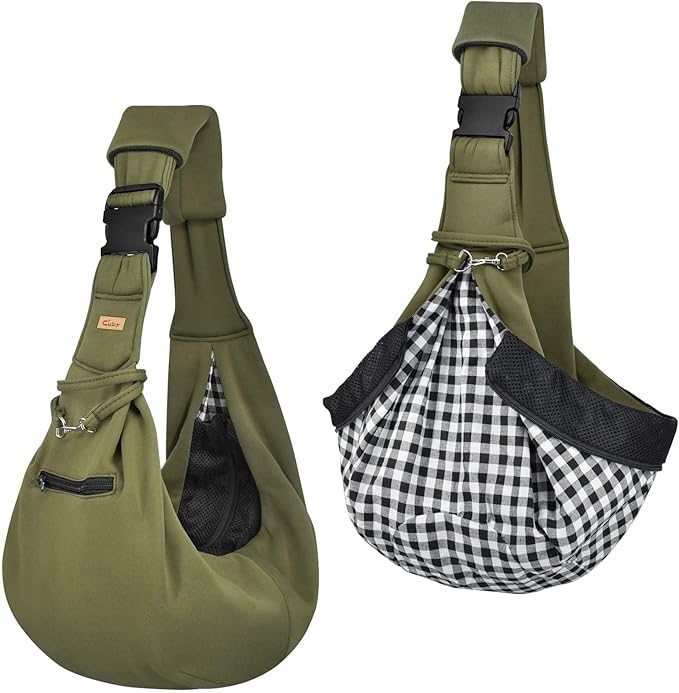 CUBY Dog and Cat Sling Carrier - Hands Free Reversible Pet Papoose Bag - Soft Pouch and Tote Design - Suitable for Puppy, Small Dogs Cats Outdoor(Green, Adjust Strap 2.0)