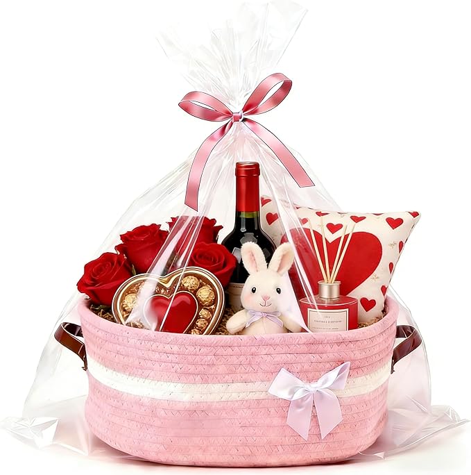 Empty Woven Gift Basket with Handles, 14"x10"x5.5" Mothers Day Gift Basket, Storage Wicker Basket for DIY, Birthday Valentines Day Gift Baby Pet Shower Storage (Pink)