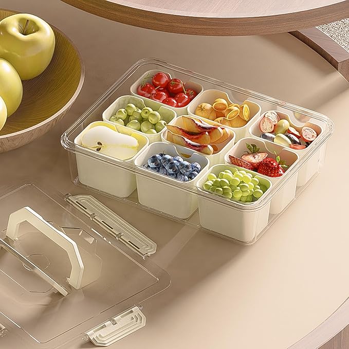 REBECAT Divided Serving Tray with Lid and Handles 9 Compartments Snack Box Container Charcuterie Organizer Snackle Box Container for Candy,Nuts，Fruits,Snacks,3 Pack,Beige