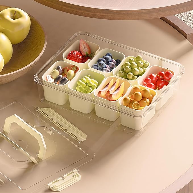 REBECAT Divided Serving Tray with Lid and Handles 8 Compartments Snack Box Container Charcuterie Organizer Snackle Box Container for Candy,Nuts，Fruits,Snacks,3 Pack,Beige