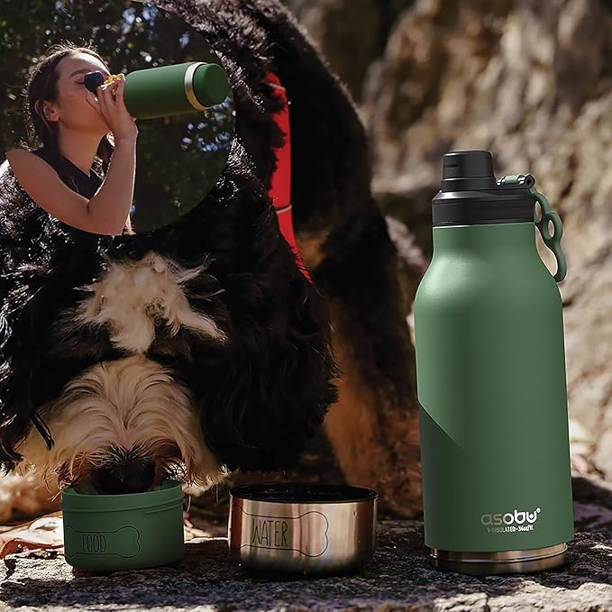 asobu Dog Barky Bottle – Insulated Stainless Steel Water Bottle with 2 Removable Dog Bowls for Food, Treats & Water – Pet-Friendly Travel Bottle for Hiking, Road Trips & Outdoor Adventures