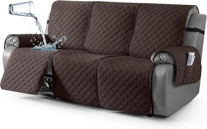 TAOCOCO 100% Waterproof Recliner Sofa Covers, Reclining Couch Covers with Leg Straps, 1-Piece Washable Recliner Sofa Cover with Pocket Couch Protector for Pets Kids(Chocolate, 3 Seater)