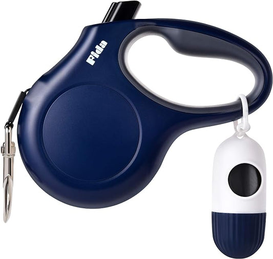 Fida Retractable Dog Leash with Dispenser and Poop Bags, 16 ft Pet Walking Leash for Medium Dog or Cat up to 44 lbs, Anti-Slip Handle, Tangle Free, Reflective Nylon Tape (M, Navy Blue)