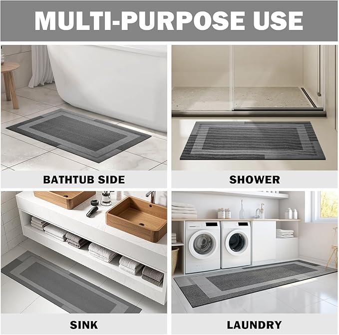 Non Slip Bath Mat, Rubber Backing Ultra Thin Bathroom Rugs Fit Under Door Quick Dry Super Absorbent Washable Bath Rug Shower Mat for Bathroom Floor Bathtub Sink, Easy Care Dark Grey 20"x 32"
