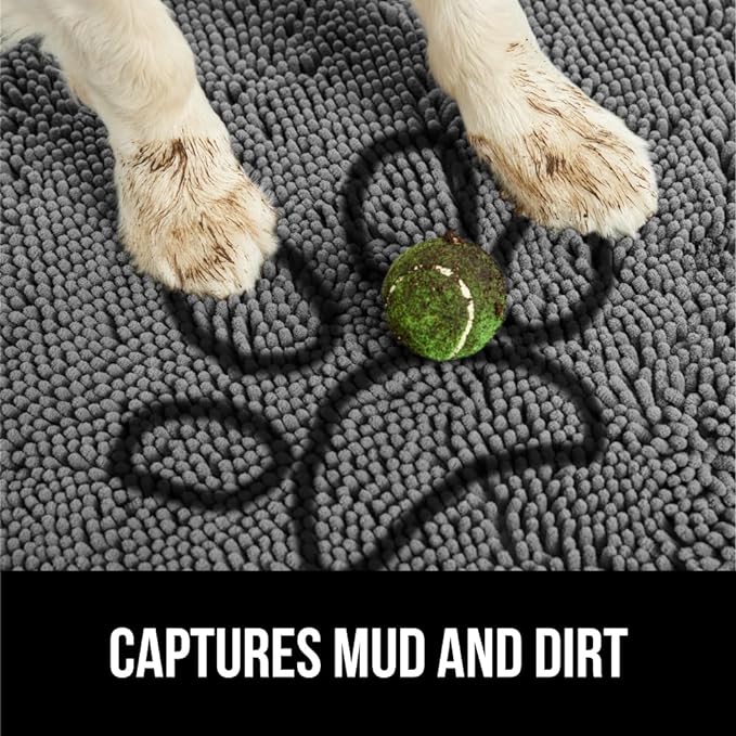 GORILLA GRIP SOAKSTOPPER Dog Door Mat, 30x18 Machine Washable Rug Absorbent Doormat Captures Moisture Mud Dirt, Quick Dry Soft Chenille Entryway Rugs Indoor Entrance Mats for Dog Paws, Paw Gray