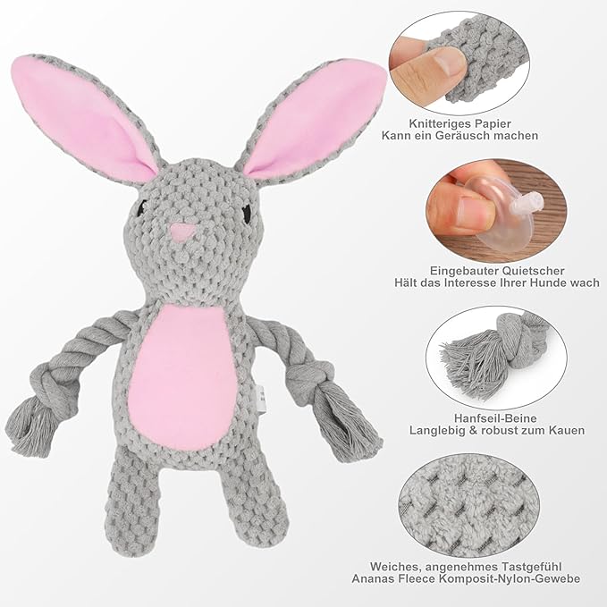 TONYFY Dog Toys, Dog Squeaker Toys with Crinkle Paper, Stuffed Animal Dog Plush Chewing Toy, Cotton Rope Interactive Toys for Puppy, Small, Middle Dogs (Gray Rabbit)