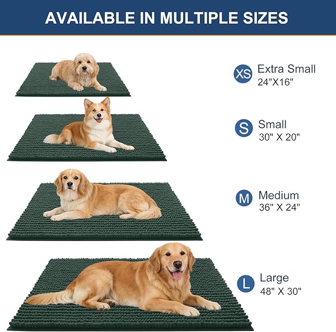 OLANLY Dog Door Mat for Muddy Paws 47x20, Ultra Absorbent Chenille Mud Doormat, Non-Slip Washable and Dirt Trapping Doormat for Indoor Entryway, Quick-Dry Indoor Pet Bed Mats for Dogs, Blackish Green