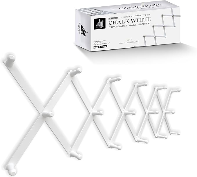 Mercurial Trade Expandable Wooden Coat Rack Hanger – Accordion Wall Mounted Pine Wood Hooks – Hand Made Vintage Expending Pegs – Hang Coat, Jacket, Hat, Leash, Towel, Mug, Bag, 17 Hook Chalk White