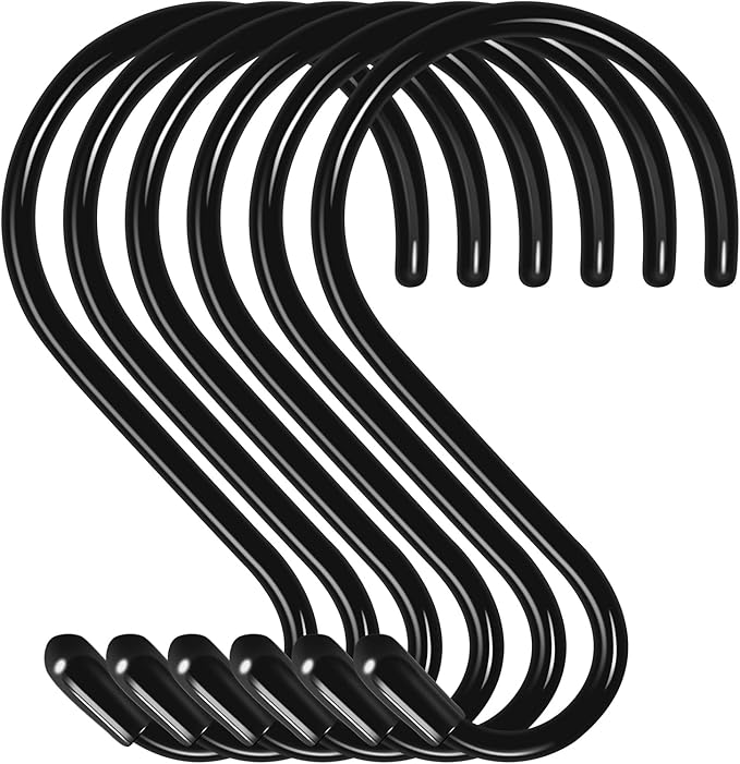 6 Pack 5 Inch S Hooks: Heavy Duty, Non-Slip, Vinyl Coated, Black Metal Steel with Vinyl Coated Surface, S-Shape, Classic Style, Ideal for Kitchen, Closet, Bathroom, Garage, Outdoor