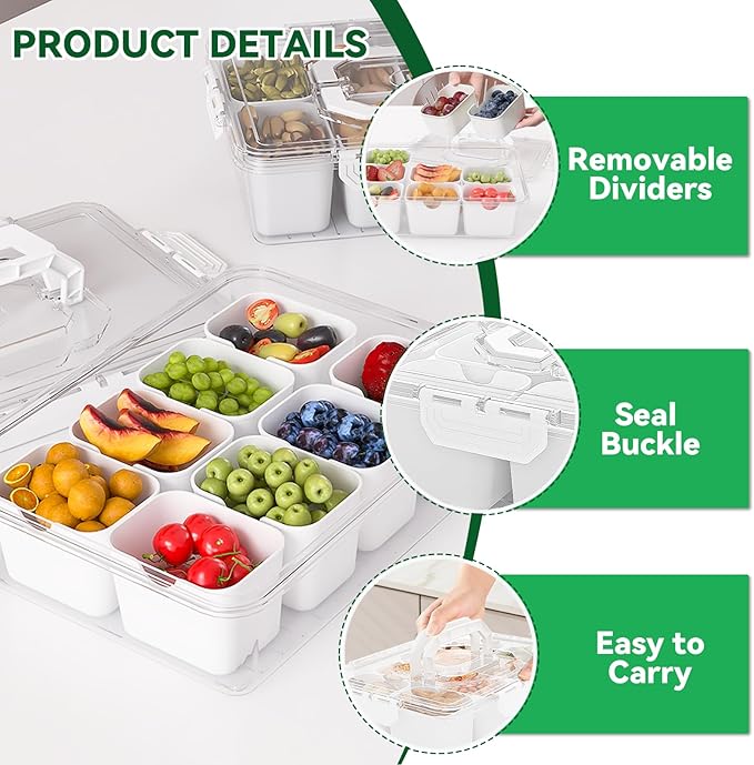 REBECAT Divided Serving Tray with Lid and Handles 8 Compartments Snack Box Container Charcuterie Organizer Snackle Box Container for Candy,Nuts，Fruits,Snacks,3 Pack,White