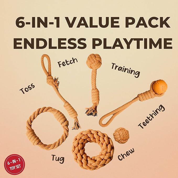 Dog Rope Toy Set – 6 Pack Durable Cotton Chew Toys for Puppy, Small & Medium Dogs – Interactive Tug, Fetch & Dental Play Set – Safe for Puppy Teething – Supervised Play Recommended