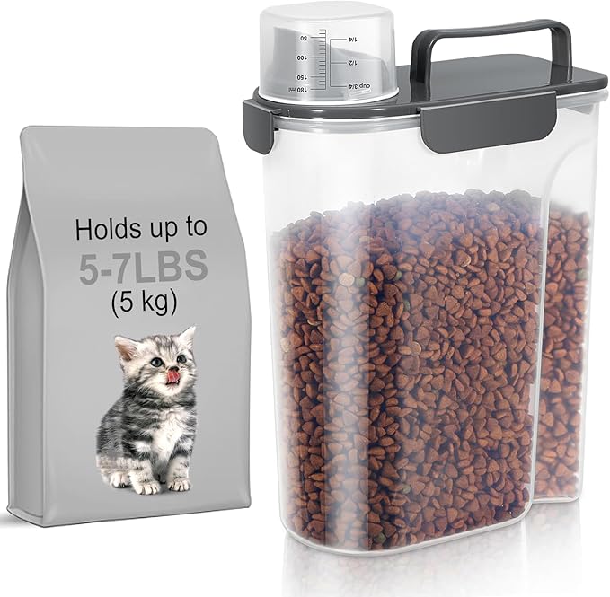LEAWALK 5-7Lbs Cat Dog Storage Container, Portable Pet Food Containers with Upgraded Large Spout and Cup, Small Animal Kibble Dispenser for Bird Seed, Oatmeal, Rice, Flour (1, Dark Gray, 5L)