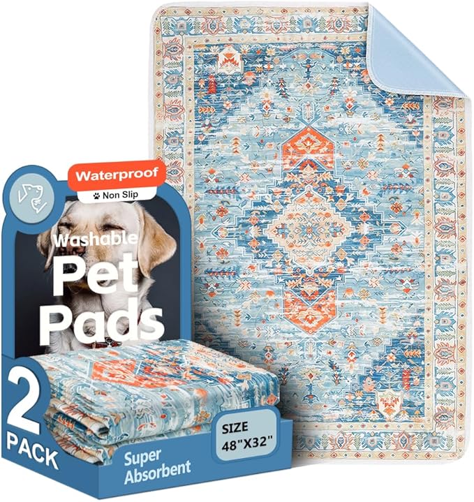 Washable Pee Pads for Dogs 2 Pack Reusable Puppy Training Pads 48"x32" Super Absorbent Waterproof Dog Training Pads, Non-Slip Potty Pads Whelping Pads Litter Mat Pet Supplies - Blue/Mix