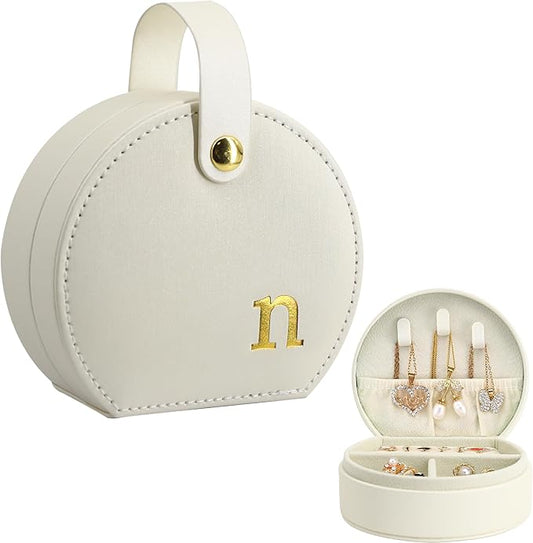 COLLECTIVE HOME - Travel Jewelry Case, Elegant Half-Moon Design with Gold Monogram, Detachable Handle, Personalized Accessory Organizer, Gift for Fashion-Forward Women and Teens (n)
