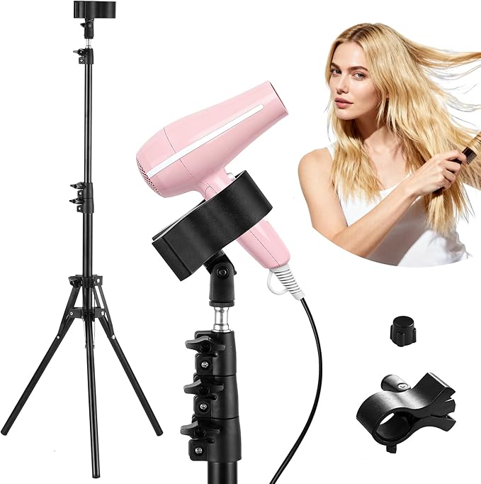 ERYTLLY Hair Dryer Stand Hair Dryer Holder with Tripod Hands Free 360-Degree Rotating Universal Clip Adjustable Height from 30-62 Inch Metal Blow Dryer Holder for Bathroom, Vanity, Makeup Room