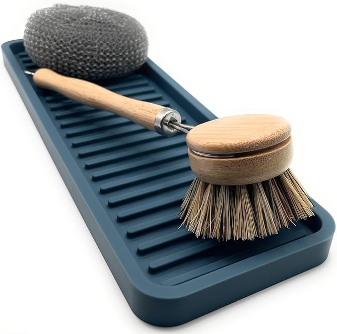 Happitasa Silicone Kitchen Sink Organizer Tray, Sponge Holder and Countertop Protector | Bathroom and Kitchen Soap Dish and Dispenser Tray (Smoky Blue, 12"x4")