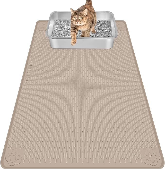 Bartuke Cat Litter Mat, Extra Large 34" x 22" Silicone Mat Litter Trapping Mat for Scatter Control, Soft on Kitty Paws, Easy to Clean (Beige)