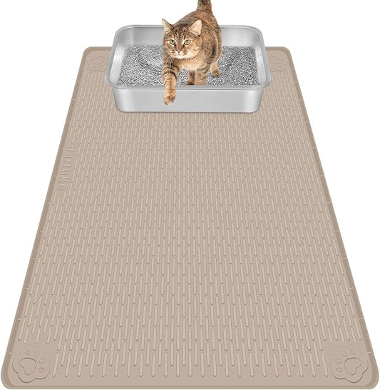 Bartuke Cat Litter Mat, Extra Large 34" x 22" Silicone Mat Litter Trapping Mat for Scatter Control, Soft on Kitty Paws, Easy to Clean (Beige)