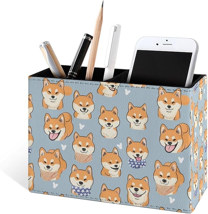Famame Shiba Inu Puppies Dog Cute Pencil Holder for Desk, Leather Desktop Container Pen Cup Storage Study Table Pen Organizer Makeup Brush Holder for Classroom Office Home