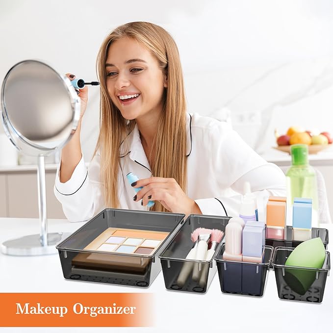 SpaceHacks 25 PCS Plastic Drawer Organizer Set, 4-Size Versatile Organizer Trays & storage Bins for Makeup, Jewelry, and Gadgets in Bathroom, Bedroom and Office,Clear Black