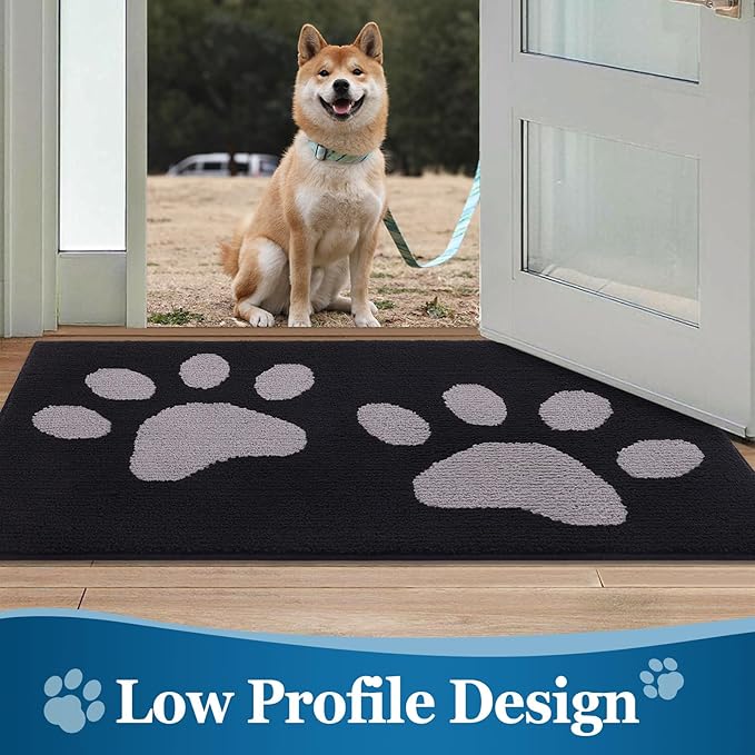 Buganda Dog Door Mat for Muddy Paws, Absorbent Dirt Trapper Washable Indoor Doormats, Non Slip Low-Profile Mud Mat for Dogs, Front Entrance Doormat for Inside Floor (48x30 Inches, Black and Grey)