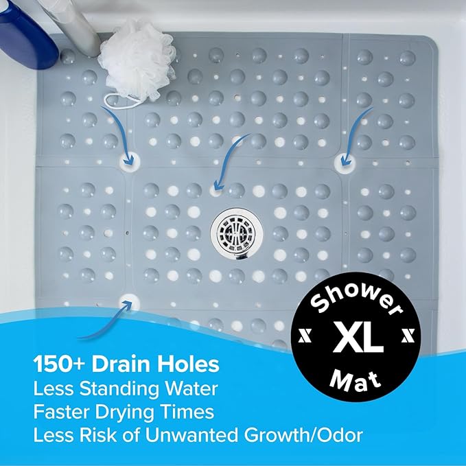 SlipX Solutions Case Pack - 27" Oversize Square Shower Mat, Non-Slip Mat for Elderly & Kids, 100+ Power Grip Suction Cups for Smooth Surfaces, Machine Washable, Solid Gray, Box of 4