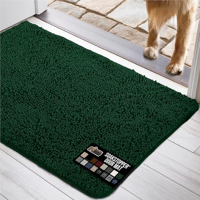 GORILLA GRIP SOAKSTOPPER Dog Door Mat, 48x30 Machine Washable Rug Absorbent Doormat Captures Moisture Mud Dirt, Quick Dry Soft Chenille Entryway Rugs Indoor Entrance Mats for Dog Paws, Deep Green