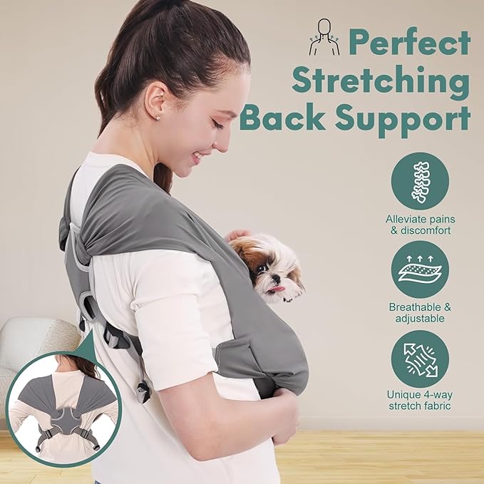 Supet Dog Sling Carrier for Small Pets, Hands Free Cat Sling, Reducing Back Neck Pain Anti-Anxiety Puppy Front, Adjustable Soft Dog Carrying (Grey, Plus 7-15 Lbs)