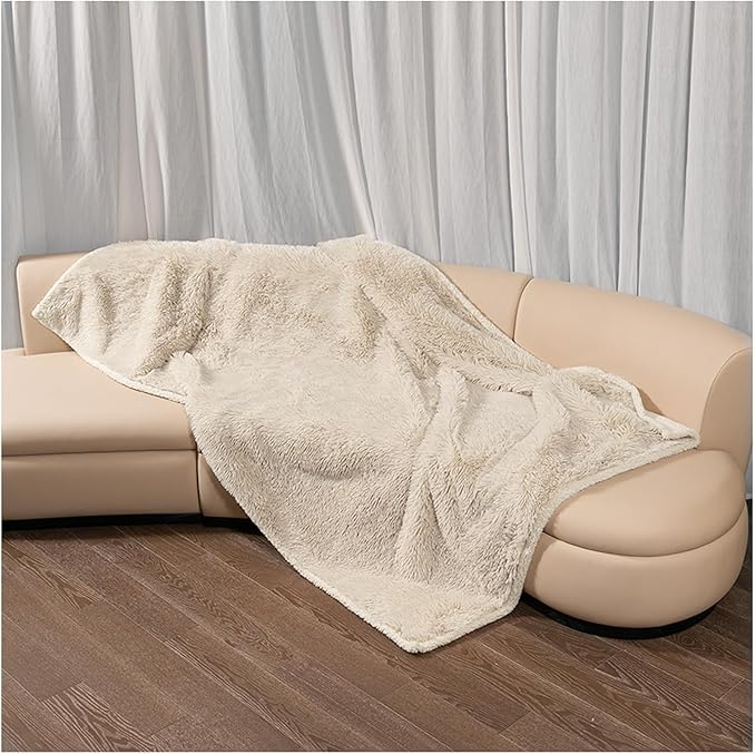 Wowchine Calming Dog Blanket,Waterproof Long Faux Fur Pet Blankets for Medium Puppy Cat Reverible Sofa Couch Covers Washable Pets Ded Cover Cream S-40x28in