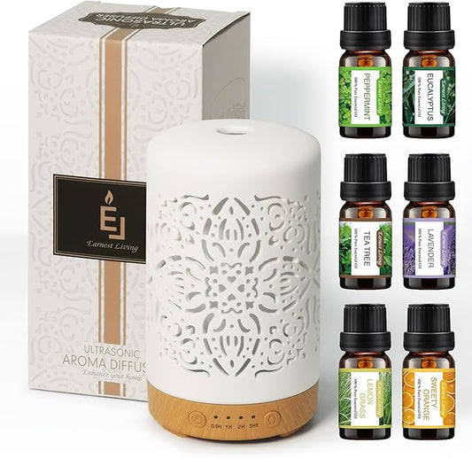 Earnest Living Essential Oil Diffuser Gift Set White Ceramic Diffuser 100 ml & Essential Oil Set Timers Night Lights Auto Off for Women