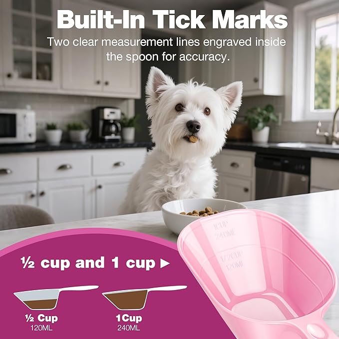 Fenenik Pet Food Scoop 2 Pack, Dog Cup Capacity Cat Food Scooper With Measuring Lines For Dog, Puppy and Cat Coffee Bean, Flour Scoop Pink