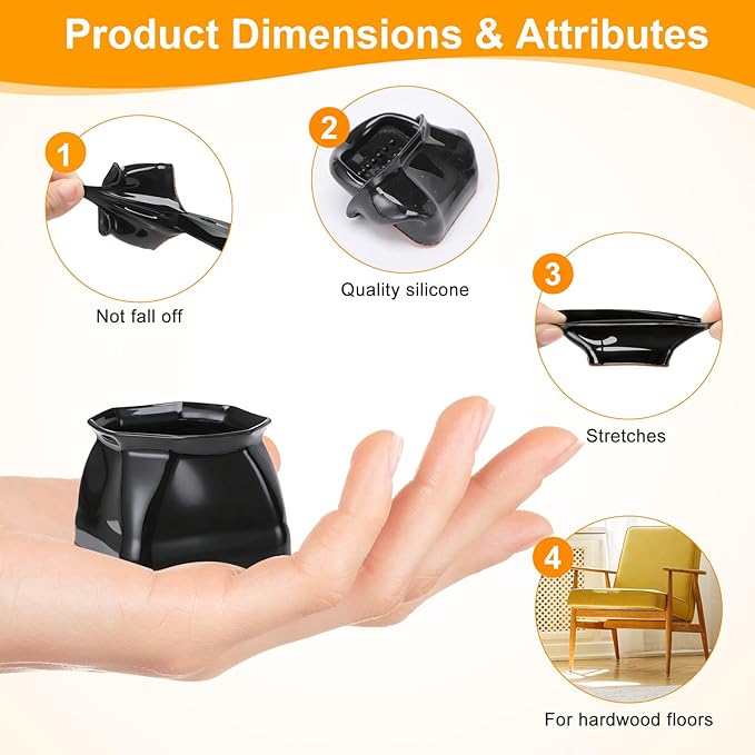 CHUNZEXI 24 Pack Square Chair Leg Floor Protectors for Hardwood Floors, Silicone Felt Covers Pads Caps, Protect Wood Furniture Feet Floors Noise Reduce and Scratch (Square X-Lager & Black)