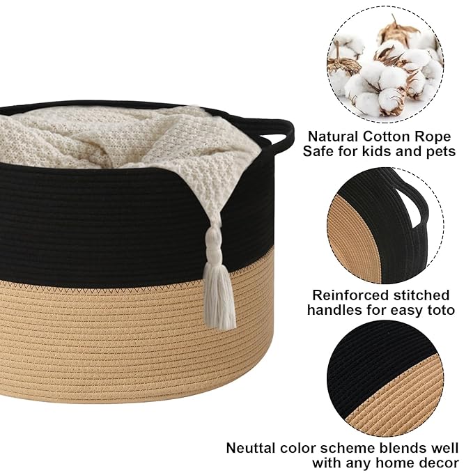 65L Extra Large Woven Cotton Rope Blanket Basket with Handles, Laundry Hamper Storage Bin for Pillows, Comforters,Clothes, Toys, Nursery, Bedroom and Living Room Organization,Black&Camel