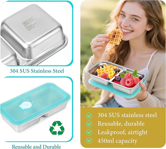 4 Pack Stainless Steel Snack Containers Reusable with Lid, Grab and Go 2 Compartment Snack Food Storage Containers for School Travel and Outdoor Camping Dishwasher Safe