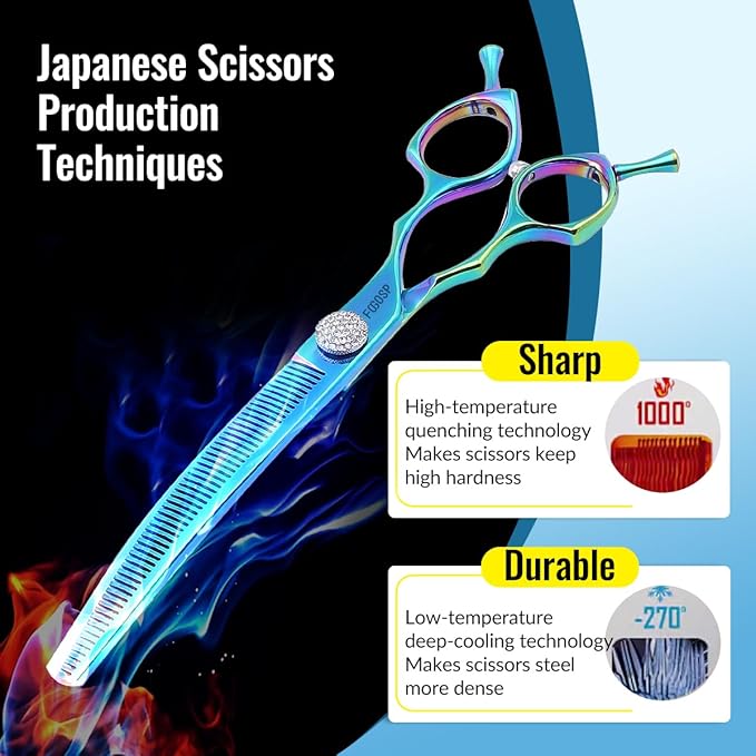 Professional Curved Thinning Shears Dog Grooming Scissors 7.5'' Blue Green Curved Thinner Scissors for Grooming Large Dogs Pet 56 Teeth Japan 440C(Curved Thinner,Turquoise)