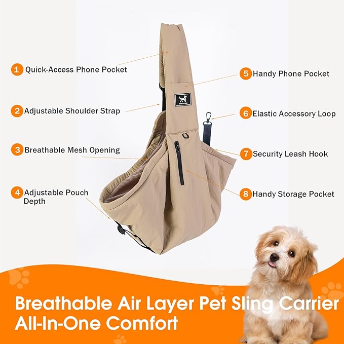 Pet Sling Carrier for Small Dogs and Cats 5-20lbs, Dog Sling with Adjustable Depth, Breathable Air Mesh Puppy Travel Bag, Water Resistant Fabric, Double Safety Leash, Machine Washable,Caramel