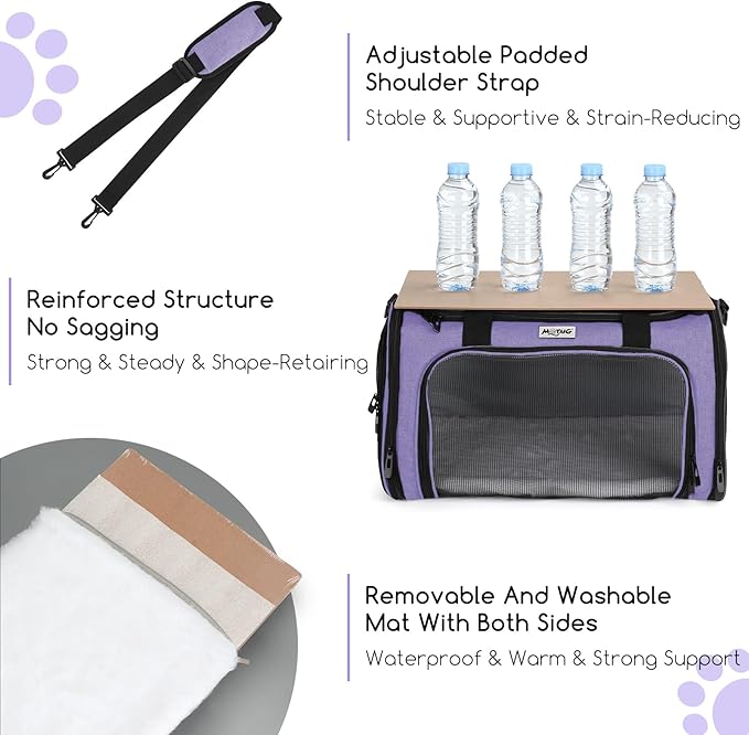 Pet Carrier for Cats & Small Dogs, Travel Carrier with Anti-Collapse Support, Chew Resistant Buckles, Luggage Sleeve, Multi-Pocket Storage, Reversible Mat & Bowl (Purple, Medium (17.5"x11"x11.5"))
