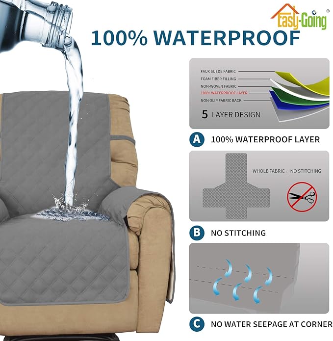 Easy-Going Sofa Slipcover Waterproof Oversized Recliner Chair Cover Non-Slip Fabric Couch Cover for Living Room Washable Furniture Protector for Pets Kids Children Dog Cat (Oversized Recliner, Grey)
